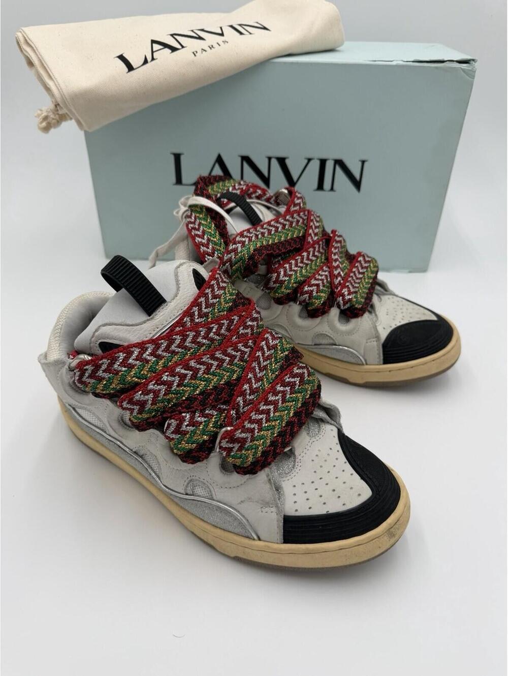 Lanvin Curb Sneakers White Silver Glitter Womens US 7 EU 37